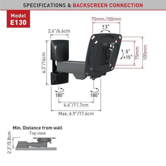 Barkan Mounts kompaktowy uchwyt do TV na małe ekrany |13-29 cali |Pełny ruch |Gaming |Odległość 5,8 cm - 17,6 cm
