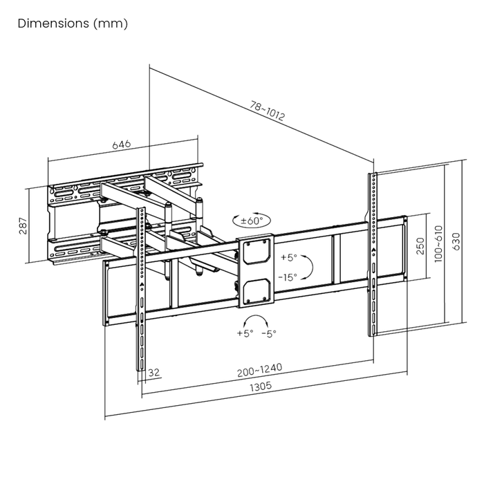 Ultra wytrzymały uchwyt ścienny do telewizora do 140 cali | Pełny ruch | 125 kg | VESA 1200x900