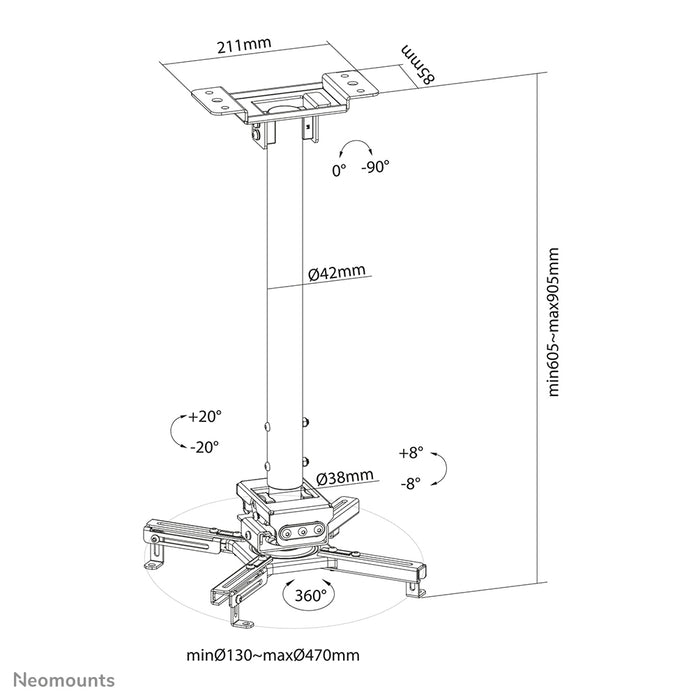 Neomounts CL25-540BL1 uniwersalny uchwyt sufitowy do projektora, regulacja wysokości (60,5-90,5 cm) - Czarny
