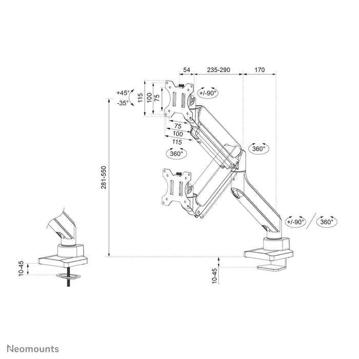 Neomounts DS70-450WH1 pełen zakres ruchu biurkowy uchwyt na monitor dla ekranów 17-42 cali - Biały