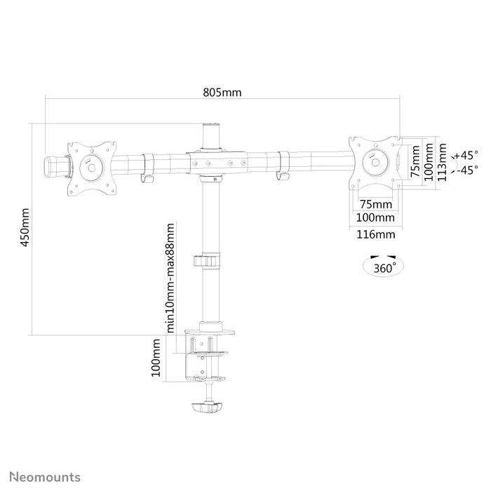 Neomounts FPMA-DCB100D zwart to poprzeczny uchwyt biurkowy na 2 ekrany płaskie do 27 cali (69 cm).
