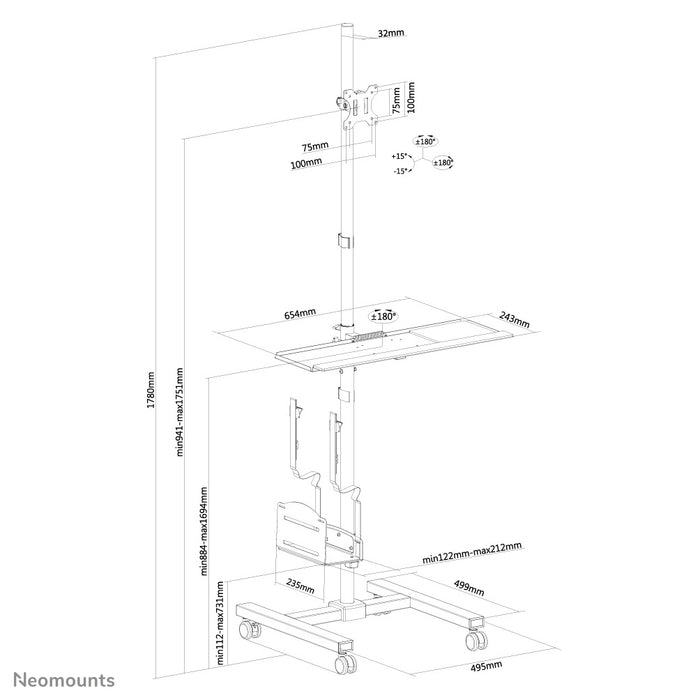 Neomounts FPMA-MOBILE1700 to mobilne stanowisko pracy na monitor (max. 32 cale/81 cm), komputer, klawiaturę i mysz.