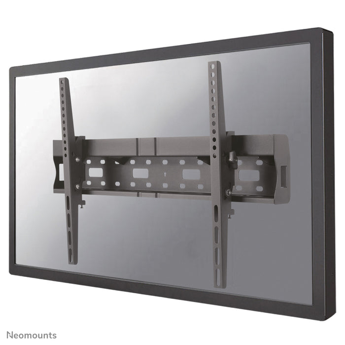 Neomounts LFD-W2640MP to uchylne mocowanie ścienne do ekranów płaskich do 75 cali, umożliwiające zamontowanie odtwarzacza multimedialnego lub mini PC za ekranem.