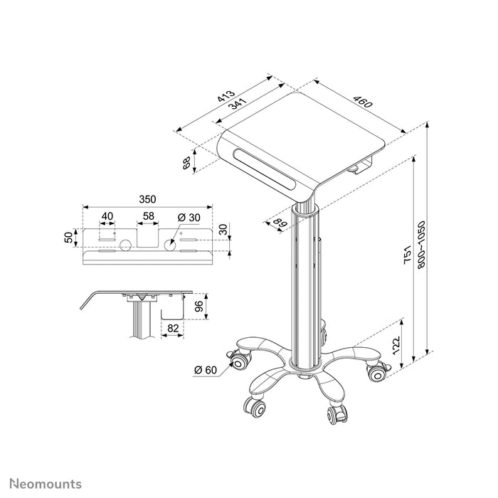 Neomounts MED-M050 to mobilne stanowisko pracy na laptopa.