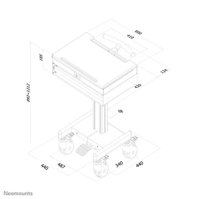 Neomounts MED-M100 to mobilne stanowisko pracy na laptopa, klawiaturę i mysz.