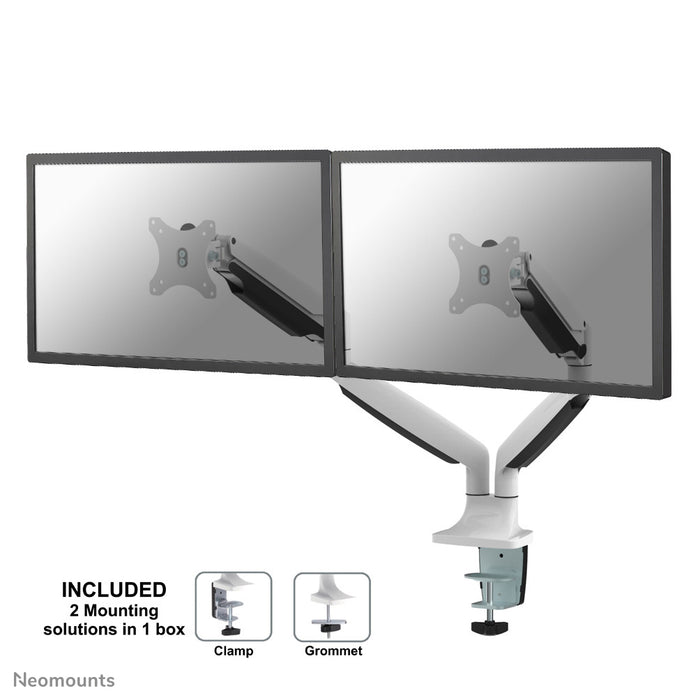 Neomounts NM-D750D biały to uchwyt biurkowy z amortyzatorem gazowym na dwa ekrany płaskie do 32 cali (82 cm).