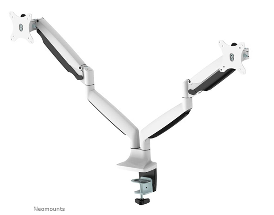 Neomounts NM-D750D biały to uchwyt biurkowy z amortyzatorem gazowym na dwa ekrany płaskie do 32 cali (82 cm).