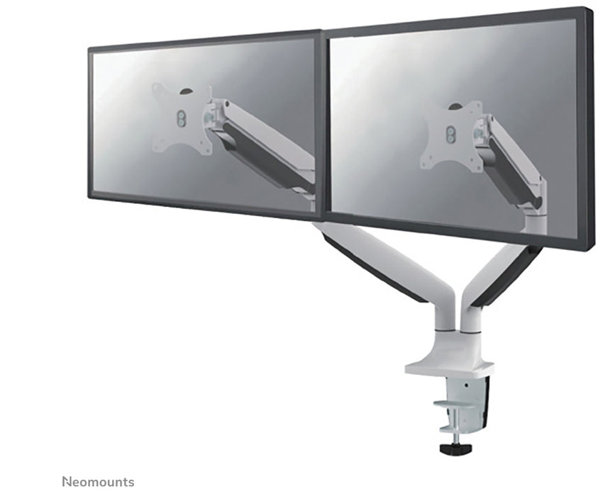 Neomounts NM-D750D biały to uchwyt biurkowy z amortyzatorem gazowym na dwa ekrany płaskie do 32 cali (82 cm).