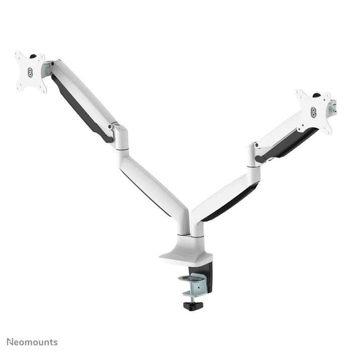 Neomounts NM-D750D biały to uchwyt biurkowy z amortyzatorem gazowym na dwa ekrany płaskie do 32 cali (82 cm).