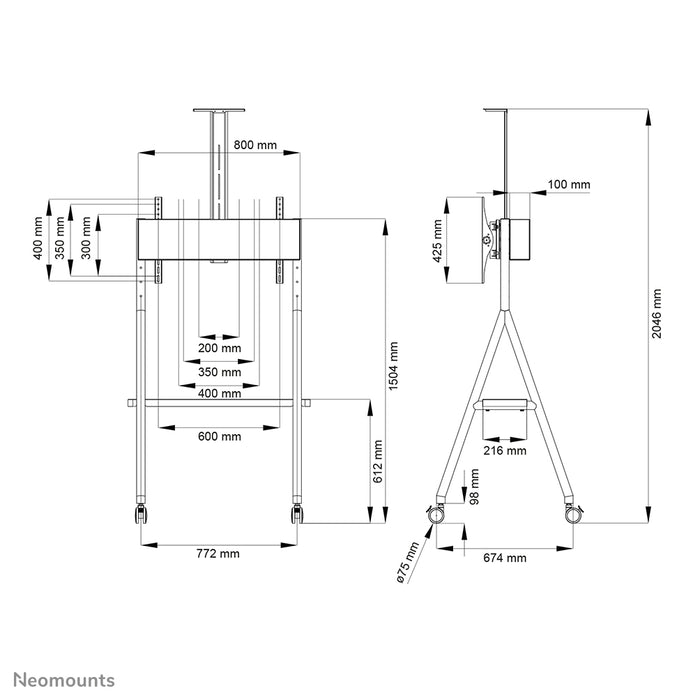Neomounts NS-M1500 biały to mobilny mebel na ekrany płaskie do 65 cali (165 cm). W zestawie półka na laptopa - biały