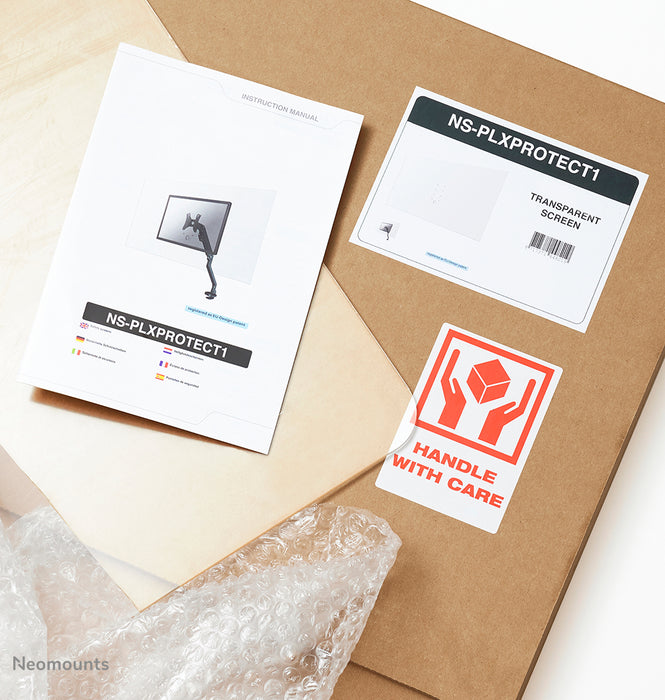 Neomounts NS-PLXPROTECT1 to przezroczysta osłona do 1 ekranu płaskiego, zapewniająca ochronę dystansu na stanowisku pracy - Przezroczysty akryl, w 100% nadający się do recyklingu | PLXPROTECT jest zarejestrowanym wzorem wspólnotowym UE |