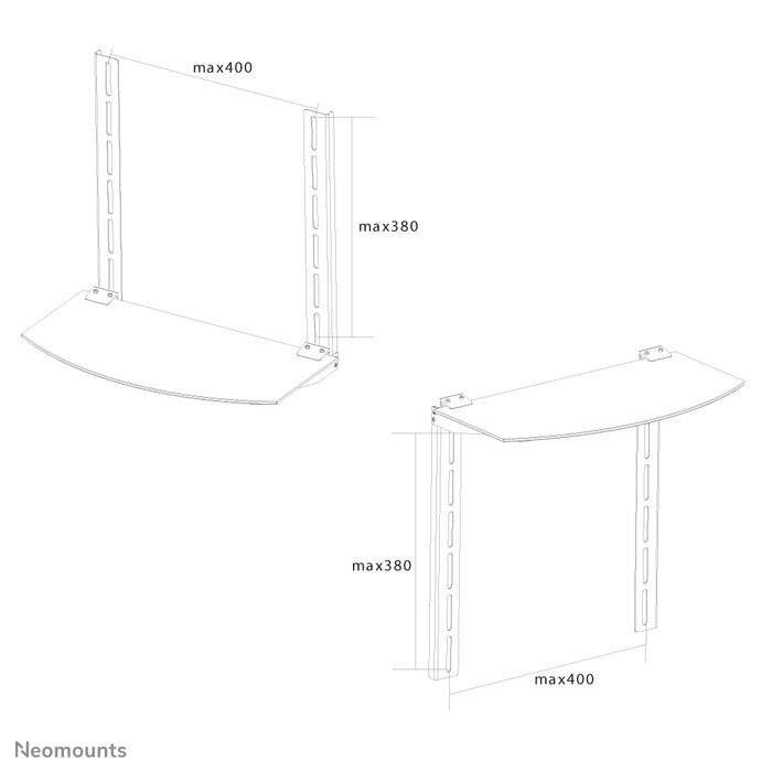 Uchwyt AV Neomounts, model NS-SHELF100, jest idealny do umieszczania sprzętu AV pod uchwytami do ekranów płaskich.