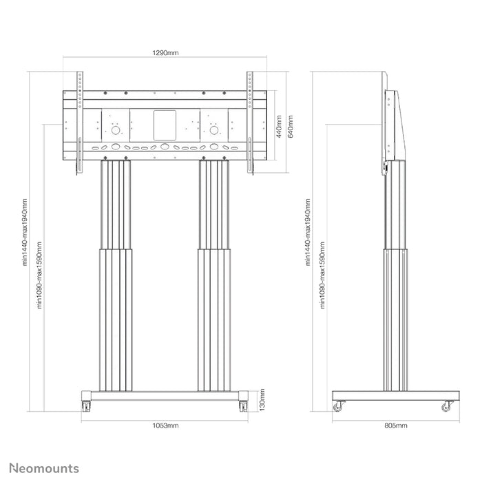 Neomounts PLASMA-M2600 srebrny to elektrycznie regulowany pod względem wysokości wózek na ekrany płaskie do 120 cali (305 cm).