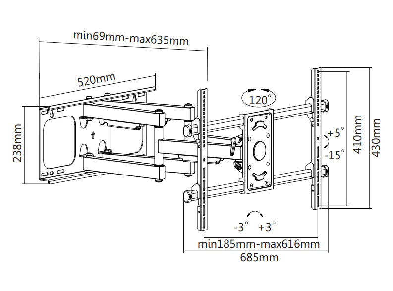 Wolff Mount Mocny Uchwyt Telewizyjny Ścienny 37 do 90 cali | 63 cm od ściany | Obracany | do 60 kilogramów | VESA 600x400 | Uniwersalny